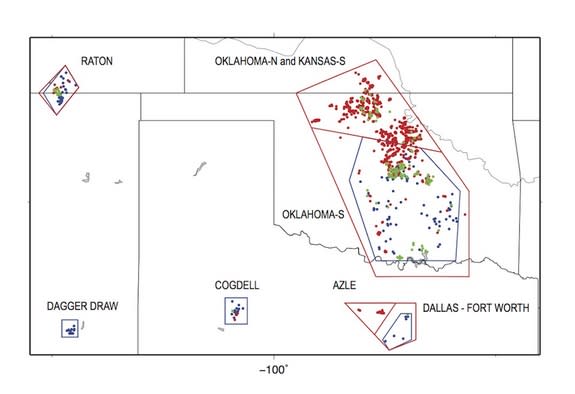 The U.S. Geological Survey's seismic hazard map, zoomed in on Oklahoma.