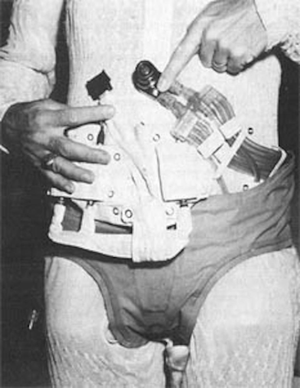 An Apollo-era urine collection and transfer assembly worn over the liquid cooling garment. <cite>NASA</cite>