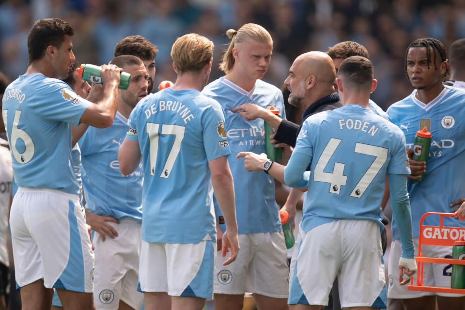 Manchester City manager Pep Guardiola talks to his team during a Premier League match against Fulham and at Craven Cottage in London, on May 11, 2024. (Photo by MI News/NurPhoto via Getty Images)