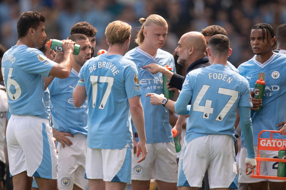 Pep Guardiola is giving a team talk during the Premier League match between Fulham and Manchester City at Craven Cottage in London, on May 11, 2024. (Photo by MI News/NurPhoto via Getty Images)