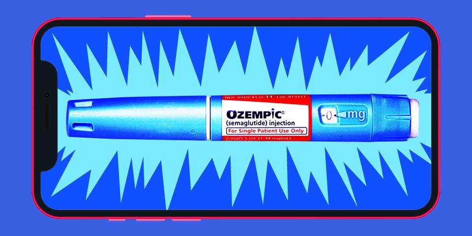 A smartphone screen displays an Ozempic syringe surrounded by a light blue starburst effect.