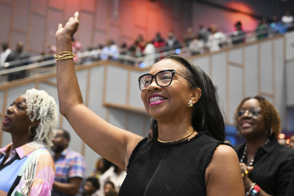 First Lady of Kingdom Fellowship AME Church Shawna Francis Watley is seen during church service, Sunday, June 2, 2024, in Calverton, Md. The suburban Maryland congregation, led by the Rev. Matthew L. Watley, has landed at the top of a list of the fastest-growing churches in America. (AP Photo/Terrance Williams)