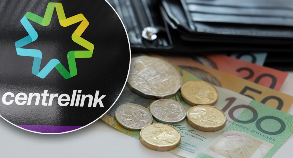 Centrelink logo and Australian money notes and coins.