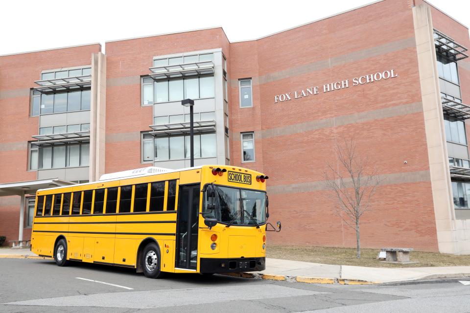 The BEAST (Battery Electric Automative Student Transportation) from GreenPower Motors Company was introduced to students, administrators, state leaders and advocacy groups at an electric school bus informational event at Fox Lane High School in Bedford March 7, 2022.