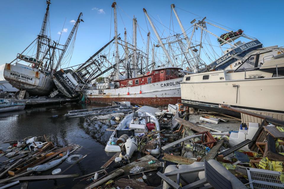 November 7, 2022: Boats piled up and destroyed by Hurricane Ian are seen on San Carlos Island in Fort Myers Beach, Florida.