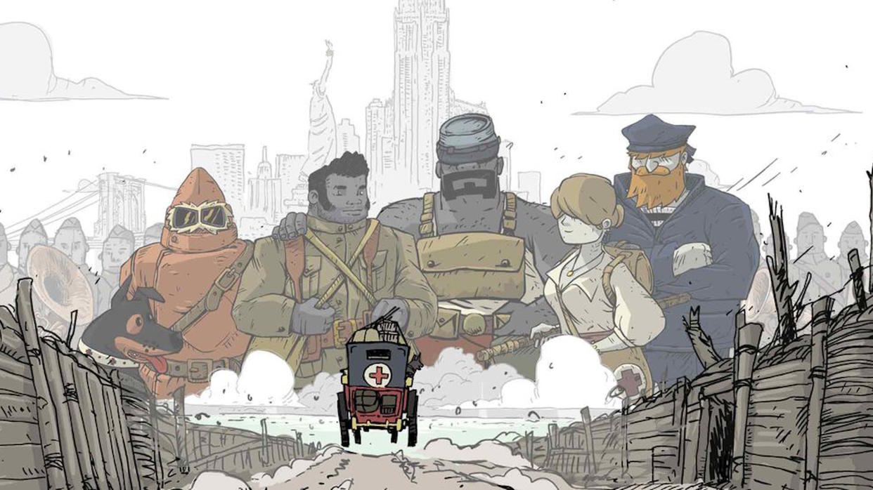  Valiant Hearts: Coming Home - Five people and a dog standing in the background as an ambulance drives away from the viewer. 