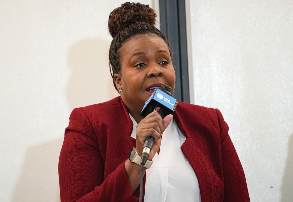 Robin Shackleford answers questions during a mayoral Democratic town hall on Tuesday, March 28, 2023 at The Indianapolis Star in Indianapolis.