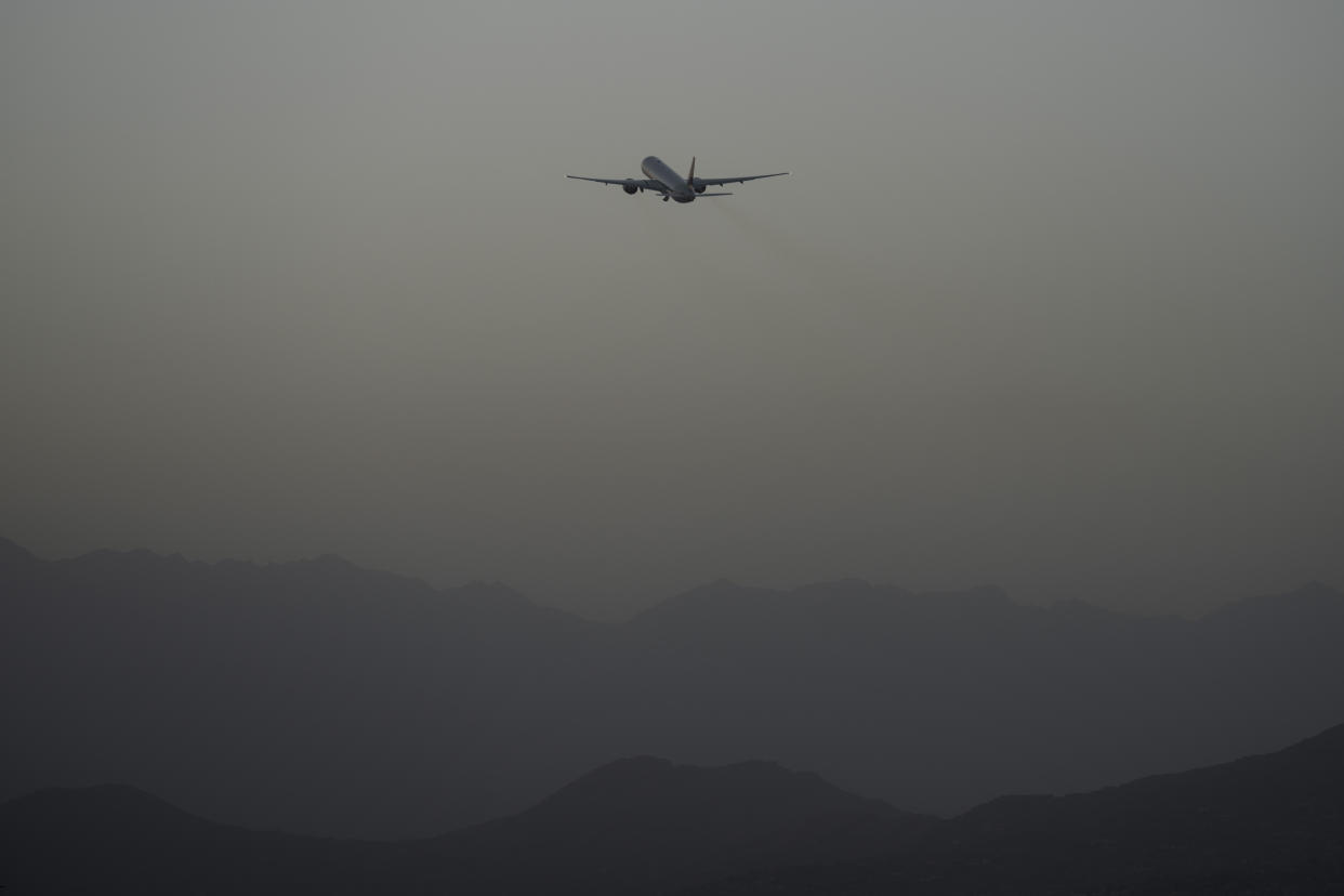 A Qatar Airways aircraft takes off with foreigners from the airport in Kabul, Afghanistan, Thursday, Sept. 9, 2021, as some 200 foreigners, including Americans, flew out of the country, the first such large-scale departure since U.S and foreign forces concluded their frantic withdrawal at the end of the previous month. (Bernat Armangue/AP)