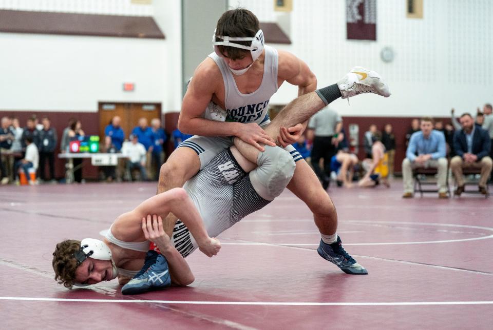 Council Rock North junior Eren Sement (top) captured his third straight PIAA District One Class 3A title at 127 pounds on Saturday.