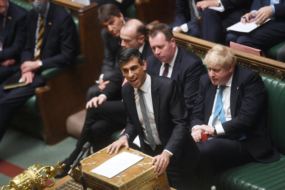 British Chancellor of the Exchequer Rishi Sunak speaks at a statement on the economic update session, at the House of Commons in London, Britain March 23, 2022. UK Parliament/Jessica Taylor/Handout via REUTERS  ATTENTION EDITORS - THIS IMAGE HAS BEEN SUPPLIED BY A THIRD PARTY. MANDATORY CREDIT. IMAGE MUST NOT BE ALTERED.