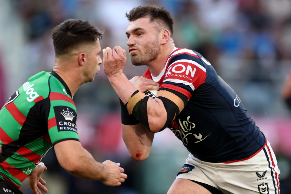 Seen here, Roosters star Angus Crichton runs the ball during the NRL Elimination Final against the Rabbitohs in 2022. 