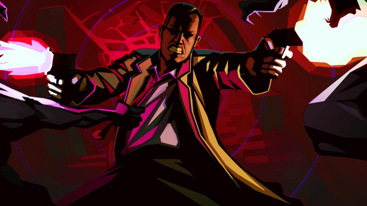  El Paso, Elsewhere key art - man in a trenchcoat firing dual pistols (detail). 