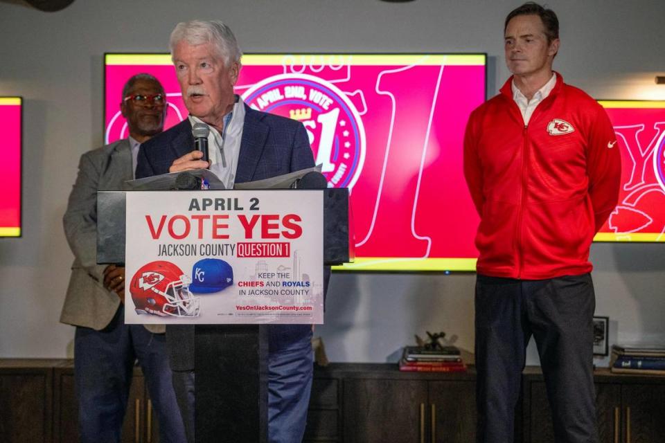 John Sherman, owner of the Kansas City Royals, spoke after voters rejected the 40-year, 3/8th-cent sales tax which would have helped pay for a new Royals stadium in the Crossroads and renovations to the Chiefs’ Arrowhead Stadium. Sly James, former mayor of Kansas City, and Mark Donovan, president of the Kanas City Chiefs, looked on during the watch party at J. Rieger & Co., on Tuesday, April 2, in Kansas City.