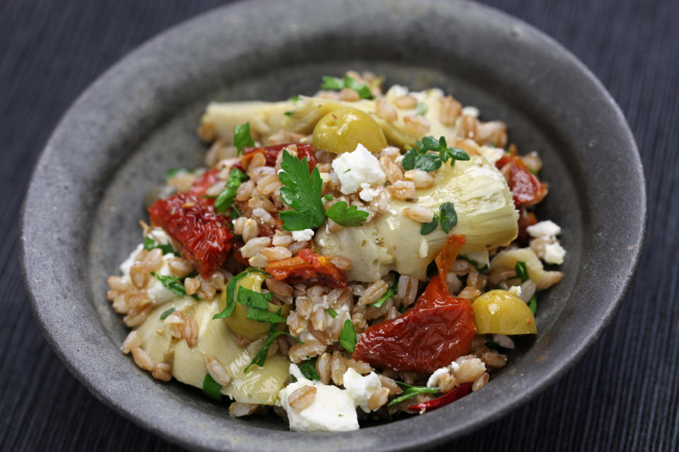 Farro with sun dried tomatoes and artichokes.