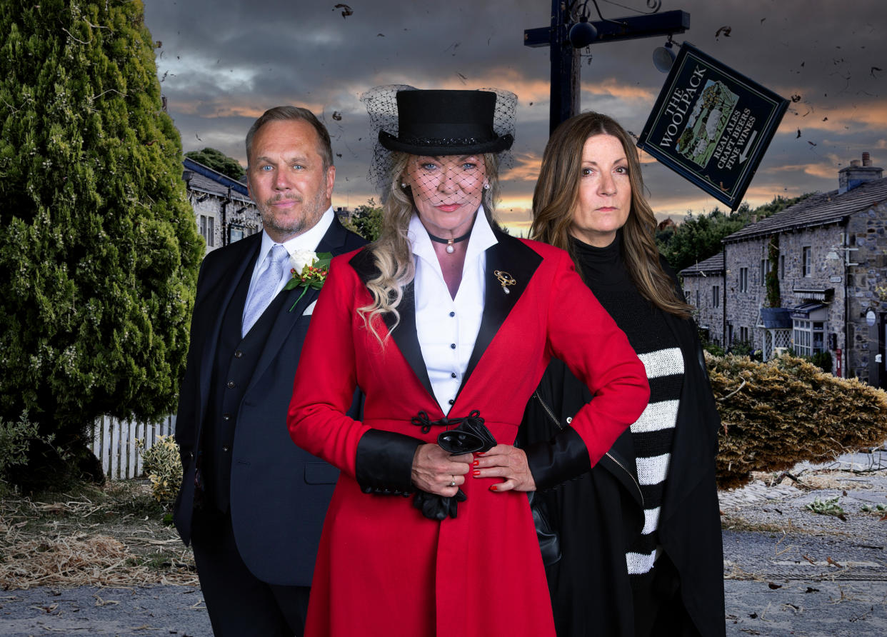 FROM ITV

STRICT EMBARGO
Print media - No Use Before Tuesday 11th October 2022
Online Media - No Use Before 0700hrs Tuesday 11th October 2022

Emmerdale - Ep 9464.95

Sunday 16th October 2022

Will Taylor [DEAN ANDREWS], Kim Tate [CLAIRE KING] and Harriet Finch [KATHERINE DOW-BLYTON]

Picture contact - David.crook@itv.com

Photographer - Danielle Baguley

This photograph is (C) ITV Plc and can only be reproduced for editorial purposes directly in connection with the programme or event mentioned above, or ITV plc. Once made available by ITV plc Picture Desk, this photograph can be reproduced once only up until the transmission [TX] date and no reproduction fee will be charged. Any subsequent usage may incur a fee. This photograph must not be manipulated [excluding basic cropping] in a manner which alters the visual appearance of the person photographed deemed detrimental or inappropriate by ITV plc Picture Desk. This photograph must not be syndicated to any other company, publication or website, or permanently archived, without the express written permission of ITV Picture Desk. Full Terms and conditions are available on  www.itv.com/presscentre/itvpictures/terms
