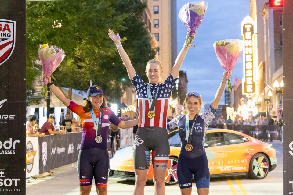 U23 Women's criterium podium, winner (centre) Chloe Patrick (Serious Cycling)