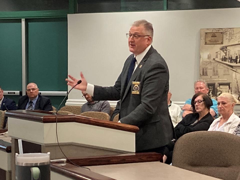 South Brunswick Police Chief Raymond Hayducka, past president and board member of the New Jersey State Association of Chiefs of Police, attended the Spotswood Borough Council meeting in an effort to have the borough bring back three officers who were suspended with pay.