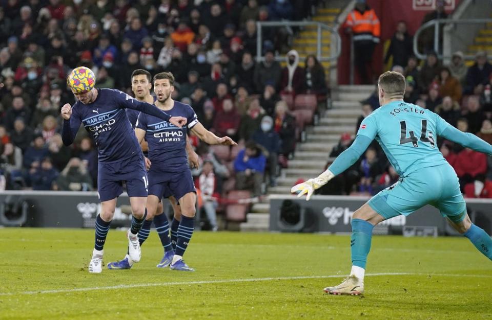 Manchester City’s Aymeric Laporte scores his side’s first goal to level at 1-1 against Southampton (Andrew Matthews/PA) (PA Wire)