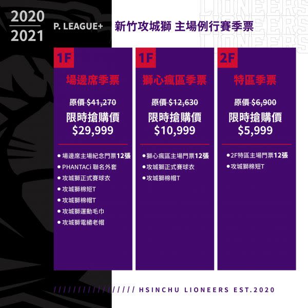 新竹攻城獅推出3種季票席位 分別為場邊席季票、獅心瘋季票、特區季票。官方提供