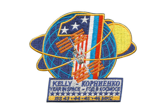 This commemorative patch represents the historic, first yearlong expedition to the International Space Station.