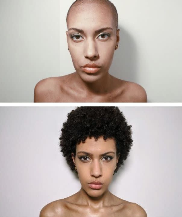 Self-portraits taken by the author in 2018, during treatment for leukemia (top), and in 2020, afterward (bottom). (Photo: Courtesy of Jacqueline Dyre)