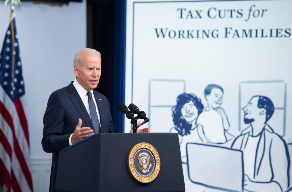 President Biden speaks about the Child Tax Credit payments during an event in the Eisenhower Executive Office Building in Washington, DC, July 15, 2021. (Photo by SAUL LOEB / AFP)