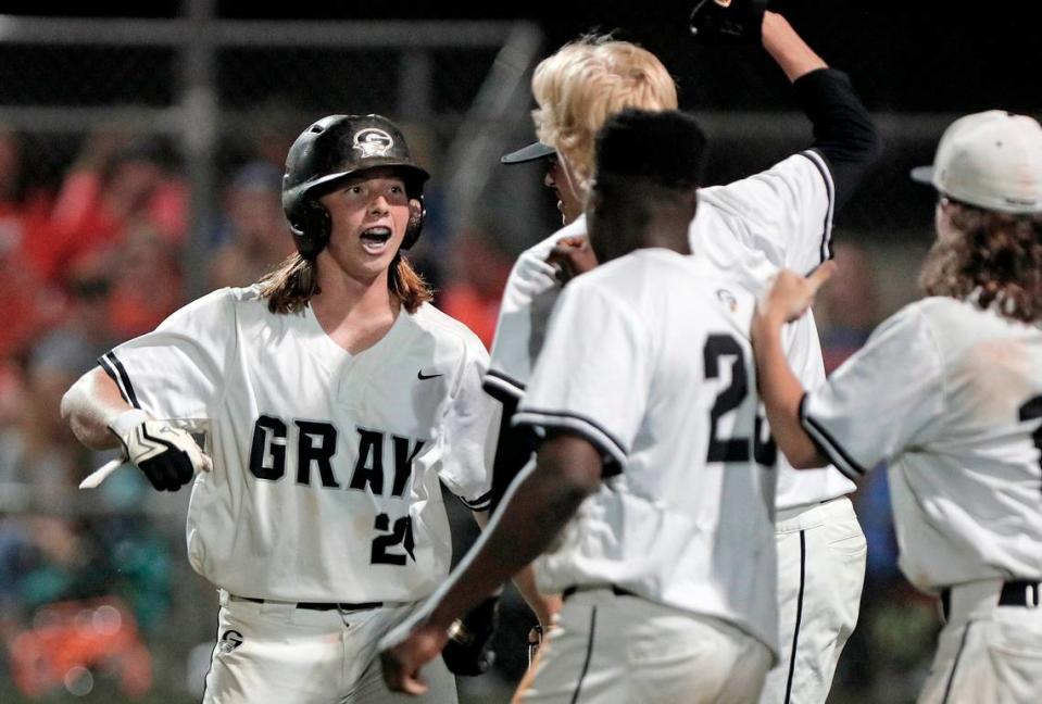 Gray Collegiate’s Blaine Redmond hit the game-tying solo home run in the fourth inning of the second game of the 2022 Class 2A state championship series against Andrew Jackson on Tuesday, May 24 at the Midands Sports Complex in West Columbia Dwayne McLemore