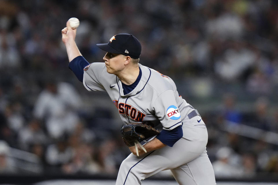 Houston Astros' Phil Maton pitches to a New York Yankees batter during the eighth inning of a baseball game Thursday, Aug. 3, 2023, in New York. The Yankees won 4-3. (AP Photo/Frank Franklin II)