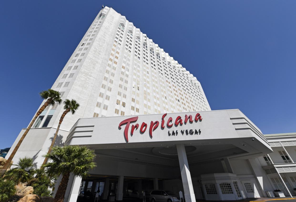 The exterior of the Tropicana is seen on April 13, 2021, in Las Vegas. Bally's Corp. has agreed to purchase the Las Vegas Strip property from landlord Gaming and Leisure Properties Inc. in a transaction valued at about $308 million.