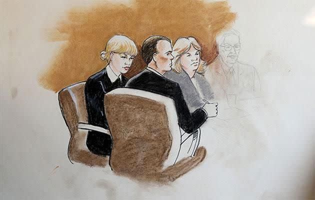 A court sketch artist depicts Taylor Swift at the trial. Source: SPLASH