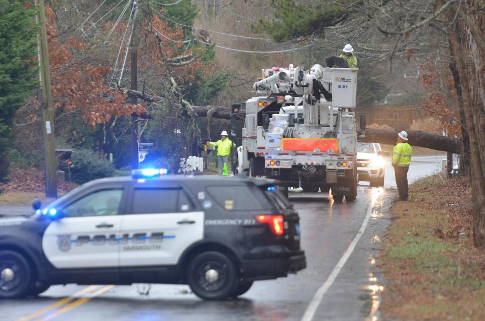 A section of Union Street in Yarmouth Port was closed Monday morning after a large tree fell over the road and into the overhead wires from high winds during a storm that hit the region.