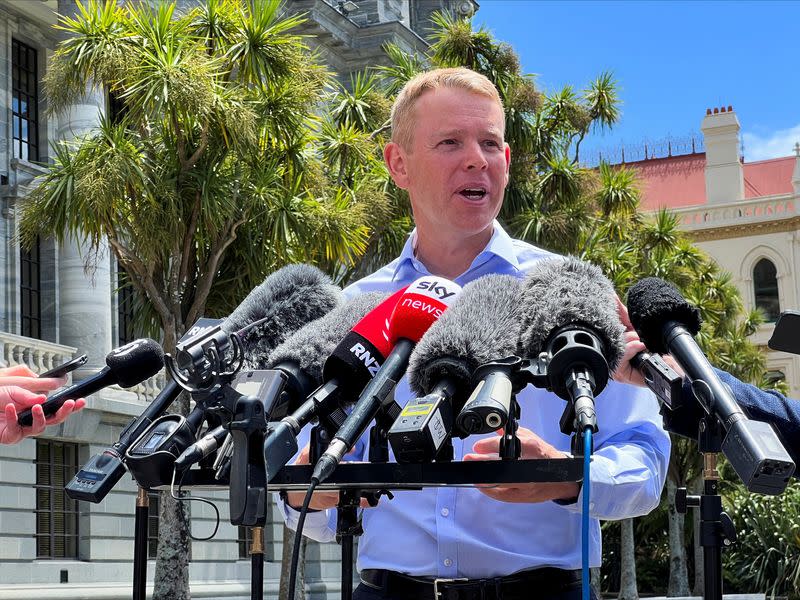 Chris Hipkins speaks outside New Zealand's parliament in Wellington