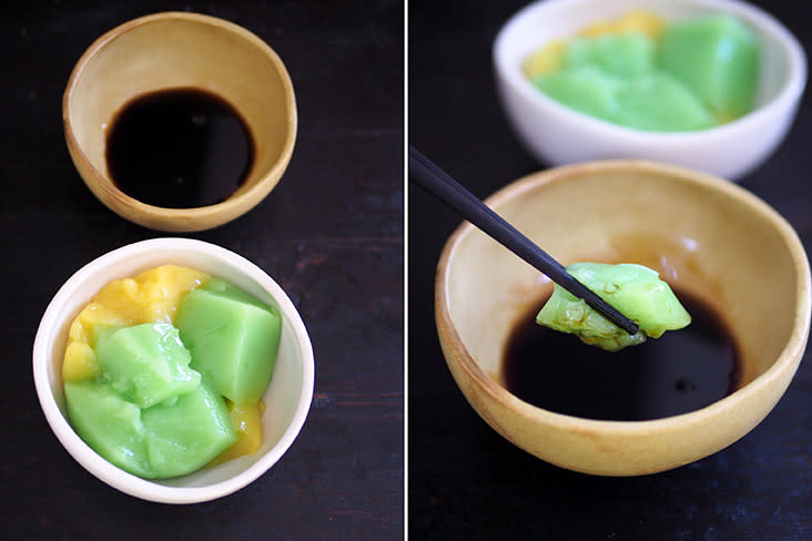 This is quintessential Penang, yellow and green coloured 'tee nya kuih' served with a brown sugar syrup (left). Dip the cold, bouncy 'kuih' with the syrup to give it a sweetness (right)