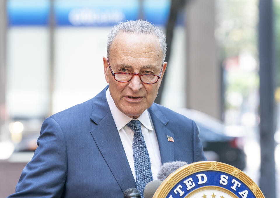 NEW YORK, UNITED STATES - 2020/08/09: U.S. Senator Chuck Schumer updates media on President Donald Trump's executive orders and the aftermath of storm Isaias outside his office in Manhattan. Schumer said President Trumps actions totally leave out money for state and local governments. Schumer also warned, the actions taken by the orders would jeopardize social security and medicare. Senator called on President and GOP to meet democrats in the middle and come up with agreement that will actually help Americans. (Photo by Lev Radin/Pacific Press/LightRocket via Getty Images)