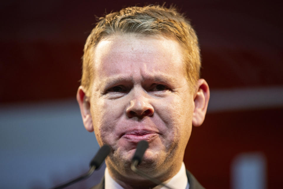 New Zealand Prime Minister Chris Hipkins, who spent just nine months in the top job, tells supporters he had called challenger Christopher Luxon to concede, at a party event in Wellington, Saturday, Oct. 14, 2023, following a general election loss. (George Heard/New Zealand Herald via AP)