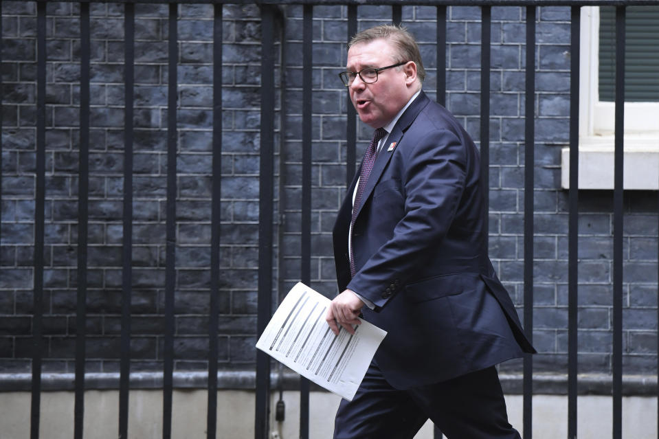 Deputy Chairman of the pro-Brexit ERG group of lawmakers, Mark Francois in Downing Street, London, Monday Oct. 21, 2019. There are just 10 days until the U.K. is due to leave the European bloc on Oct. 31. (Stefan Rousseau/PA via AP)