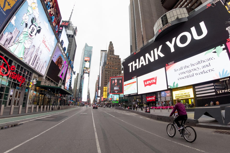 An empty 7th Avenue in Times Square on April 19, 2020, in New York City.