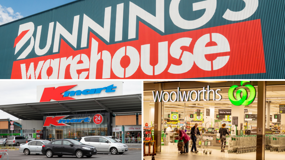 A composite image of the exterior of a Bunnings Warehouse, Kmart and Woolworths store.