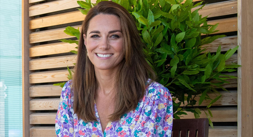 The Duchess of Cambridge wore a floral printed dress to a visit a children's hospice near Norwich over the weekend. (Getty Images)