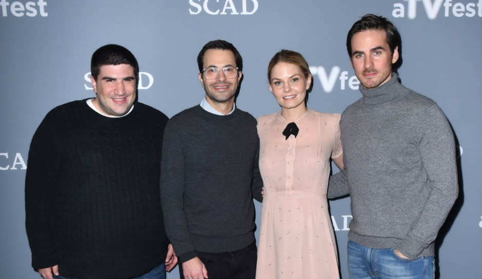 Once upon a Time co-creators and executive producers Adam Horowitz and Edward Kitsis and actors Jennifer Morrison and Colin O'Donoghue at an event.