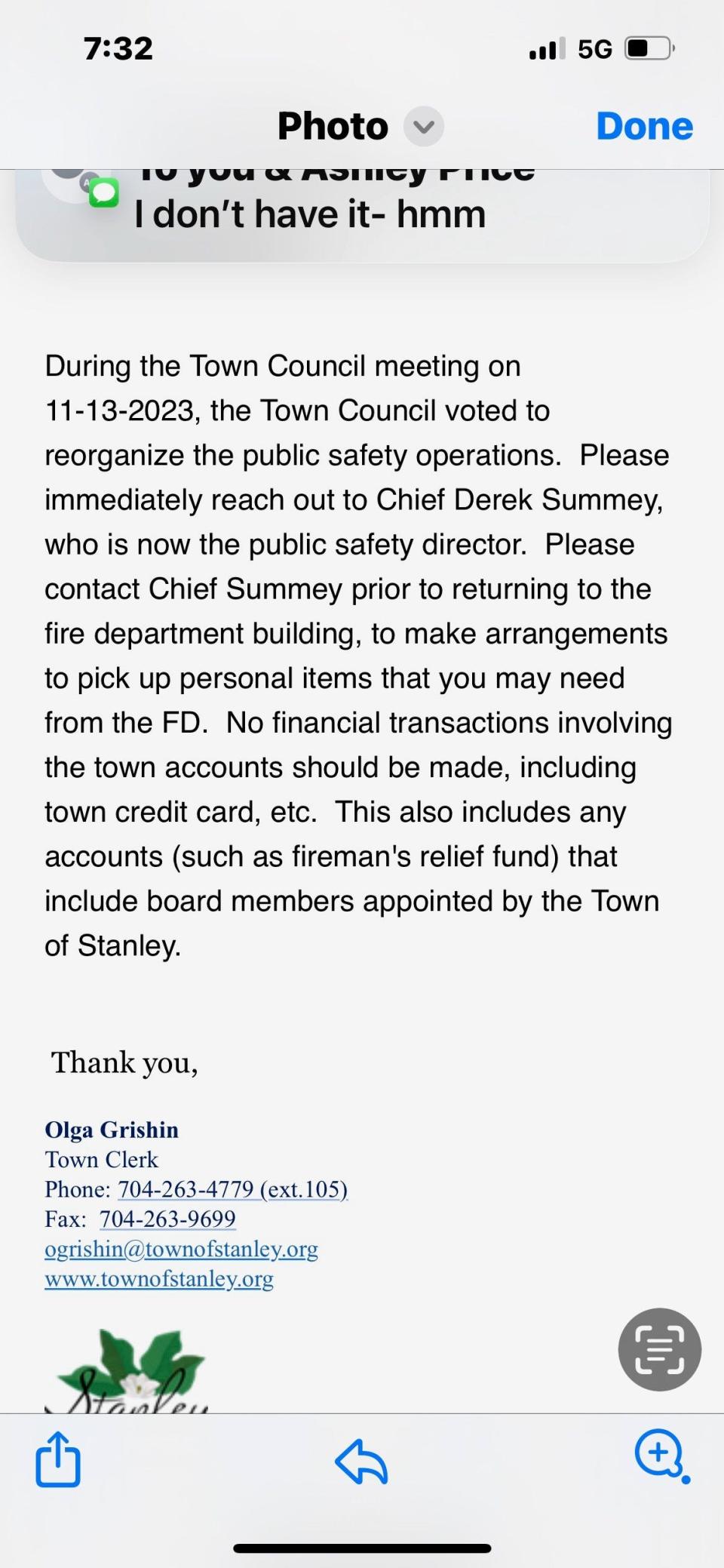 Michael Hullett shared a screenshot with the Gazette showing the email he received from the town of Stanley.