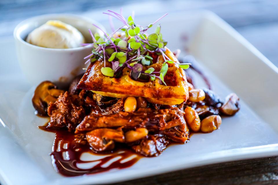 Beef-neck ragout from Rosy Tomorrows' grass-fed cows tops a tallow waffle finished with foie-gras butter and demi-glace.