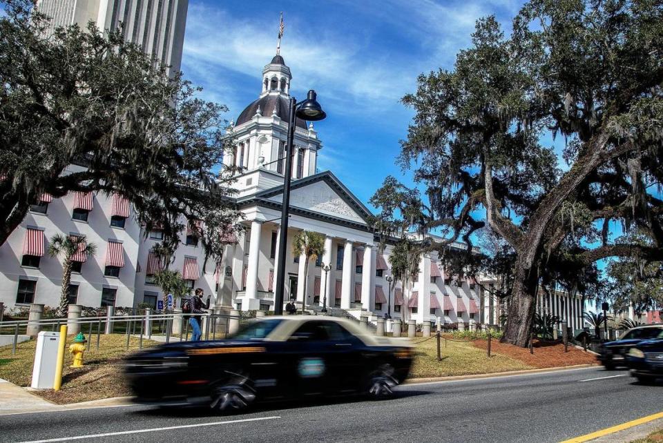 Different law enforcement agencies, including the Florida Highway Patrol, joined Leon County Sheriff’s Office deputies at the  Florida Capitol in Tallahassee early Sunday morning, Jan. 17, 2021.  Law enforcement has been on high alert for possible armed marches on state capitols across the country after the FBI issued a bulletin about possible pro-Trump protests before the president leaves the White House. On Sunday, there were no big organized protests in Tallahassee.