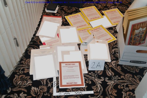 This photo that was included in a court filing submitted by the Department of Justice on August 30, 2022, shows a collection of documents seized by the FBI during execution of a search warrant on the Mar-a-Lago resort home of former President Donald Trump. Photo courtesy of Department of Justice/UPI