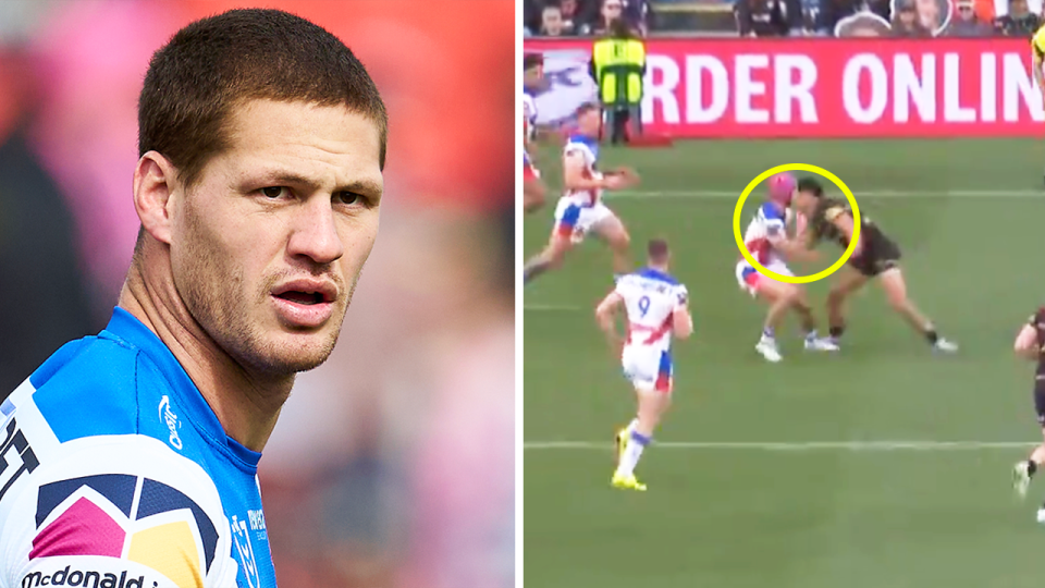 Kalyn Ponga reacts and Isack Tago tackles Ponga.