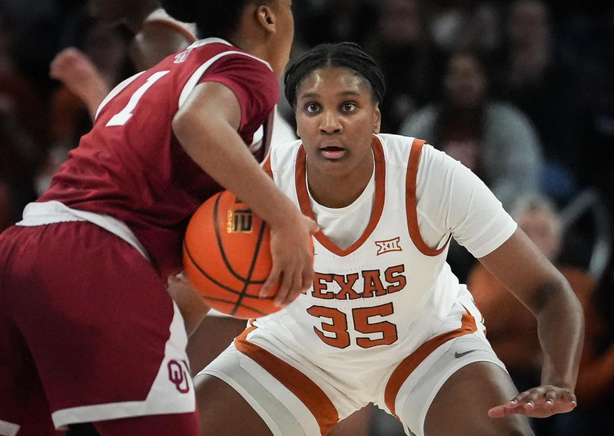 Texas point guard Madison Booker defends against Oklahoma guard Nevaeh Tot during the second half of Oklahoma's 91-87 win at Moody Center on Jan. 24. Tot finished the game with 10 assists and no turnovers.