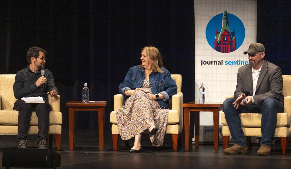 Milwaukee Journal Sentinel reporter John Diedrich introduces Debi Traeder during the 'At the Intersection of Firearms and Mental Health' panel at UW Center of Civic Engagement in Wausau on May 16.