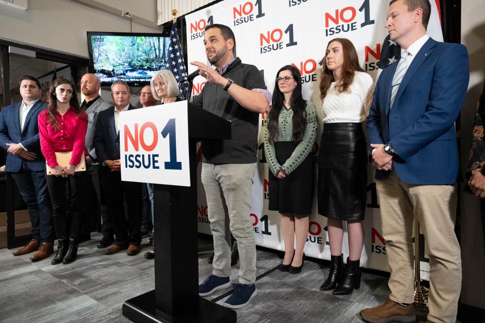 Aaron Baer, President of Center for Christian Virtue, speaks to the audience to accept the results of their loss on Issue One at the gathering hosted by Protect Women Ohio at the Center for Christian Virtue in Downtown Columbus, Ohio.