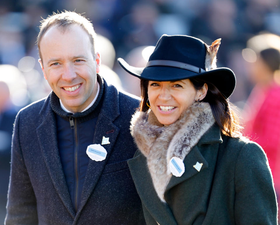 CHELTENHAM, UNITED KINGDOM - MARCH 14: (EMBARGOED FOR PUBLICATION IN UK NEWSPAPERS UNTIL 24 HOURS AFTER CREATE DATE AND TIME) Matt Hancock and Gina Colangelo attend day 1 'Champion Day' of the Cheltenham Festival at Cheltenham Racecourse on March 14, 2023 in Cheltenham, England. (Photo by Max Mumby/Indigo/Getty Images)