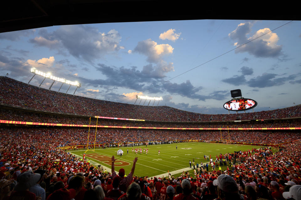 A general overall interior view of GEHA Field at Arrowhead Stadium during the first half of an NFL football game between the Kansas City Chiefs and the Detroit Lions, Thursday, Sept. 7, 2023 in Kansas City, Mo. The 2026 World Cup final will be played at MetLife Stadium in East Rutherford, N.J., on July 19. FIFA made the announcement Sunday, Feb. 4, 2024, allocating the opener of the 39-day tournament to Mexico City’s Estadio Azteca on June 11. Quarterfinals will be at Gillette Stadium in Foxborough, Mass., on July 9, at SoFi Stadium in Inglewood, Calif., the following day and at Arrowhead Stadium in Kansas City, Mo., and Hard Rock Stadium in Miami Gardens, Fla., on July 11. (AP Photo/Reed Hoffmann)